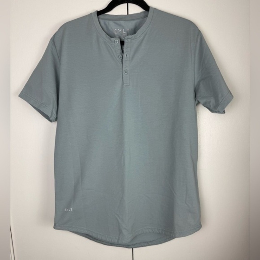 BYLT Premium Basics Drop Cut Henley Lux Short Sleeve Shirt Mens Large Slate Blue